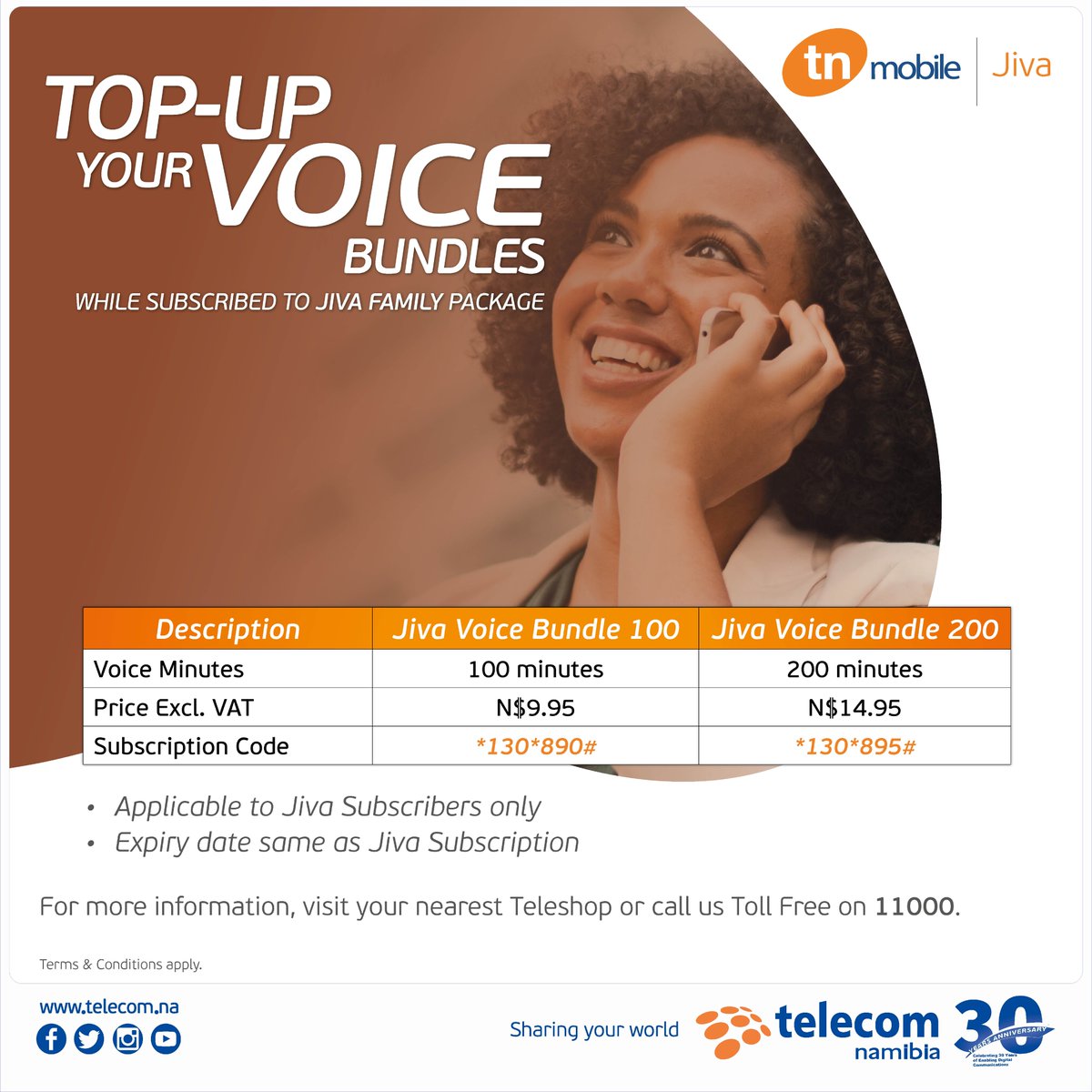 TelecomNamibia's tweet photo. Stay Connected with Jiva Data &amp; Voice Bundles! Keep going even after depleting your data or voice on your Jiva subscription. https://t.co/kB7Gy2F2sp