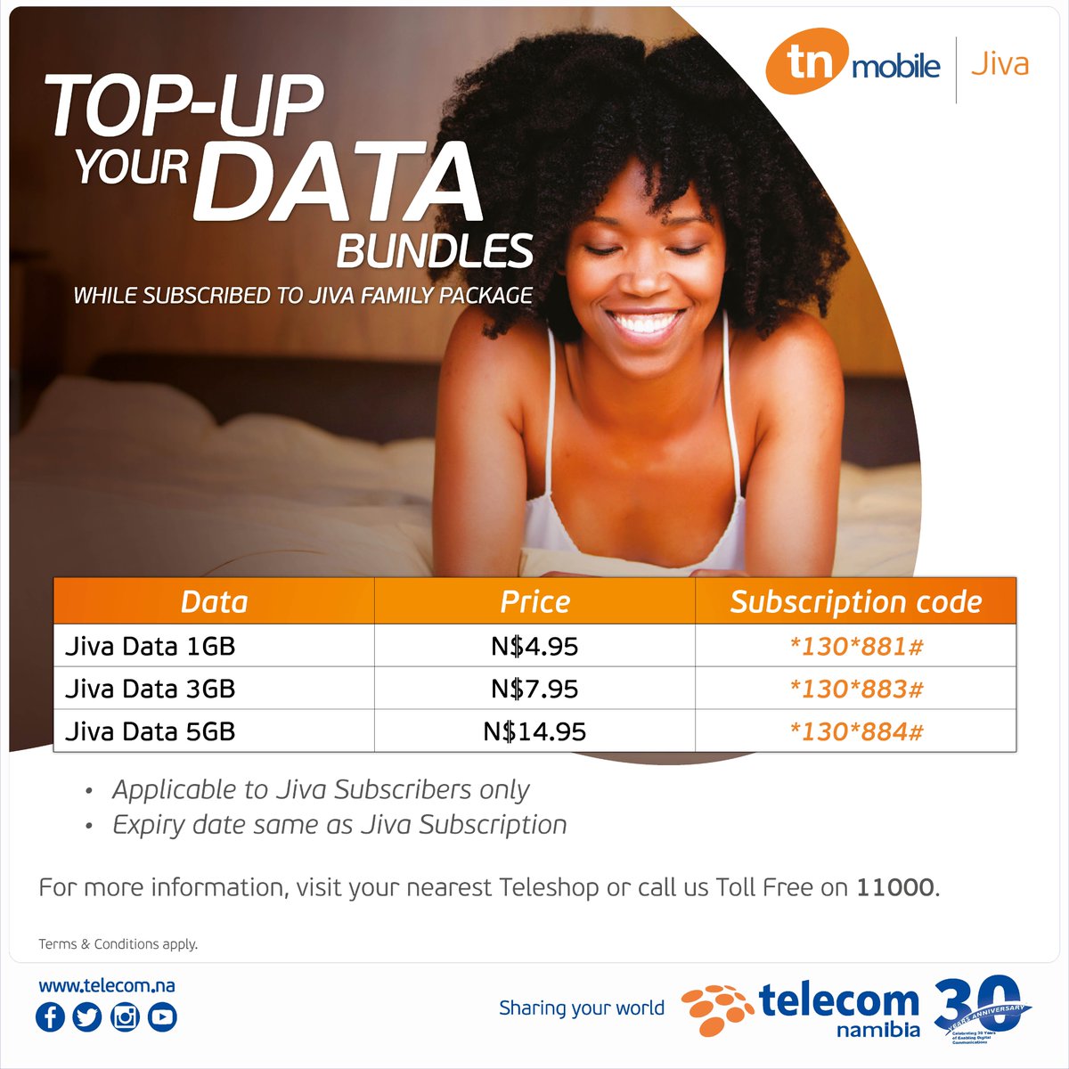 TelecomNamibia's tweet photo. Stay Connected with Jiva Data &amp; Voice Bundles! Keep going even after depleting your data or voice on your Jiva subscription. https://t.co/kB7Gy2F2sp