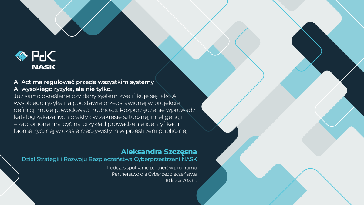 NASK_pl's tweet photo. Partnerstwo dla Cyberbezpieczeństwa to program współpracy, w którym bierze już udział ponad 70  podmiotów tworzących #KSC. Za nami kolejne spotkanie partnerów programu, gdzie rozmawialiśmy m. in. o #AIAct. 
ℹ️Chcesz dołączyć do #PDC? Zachęcamy do kontaktu ➡️ pdc@nask.pl https://t.co/vIOUWNVukC