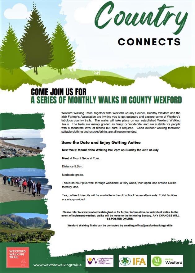 Looking forward to our ‘Country Connects’ walk along the lovely Mount Nebo Walking Trail in Hollyfort on next Sunday 30th @ 2pm. Bring family & friends along & enjoy a stroll at your own pace. ℹ️ For information visit: wexfordwalkingtrail.ie/Trails/mount-n… #wexfordwalkingtrails #MountNebo