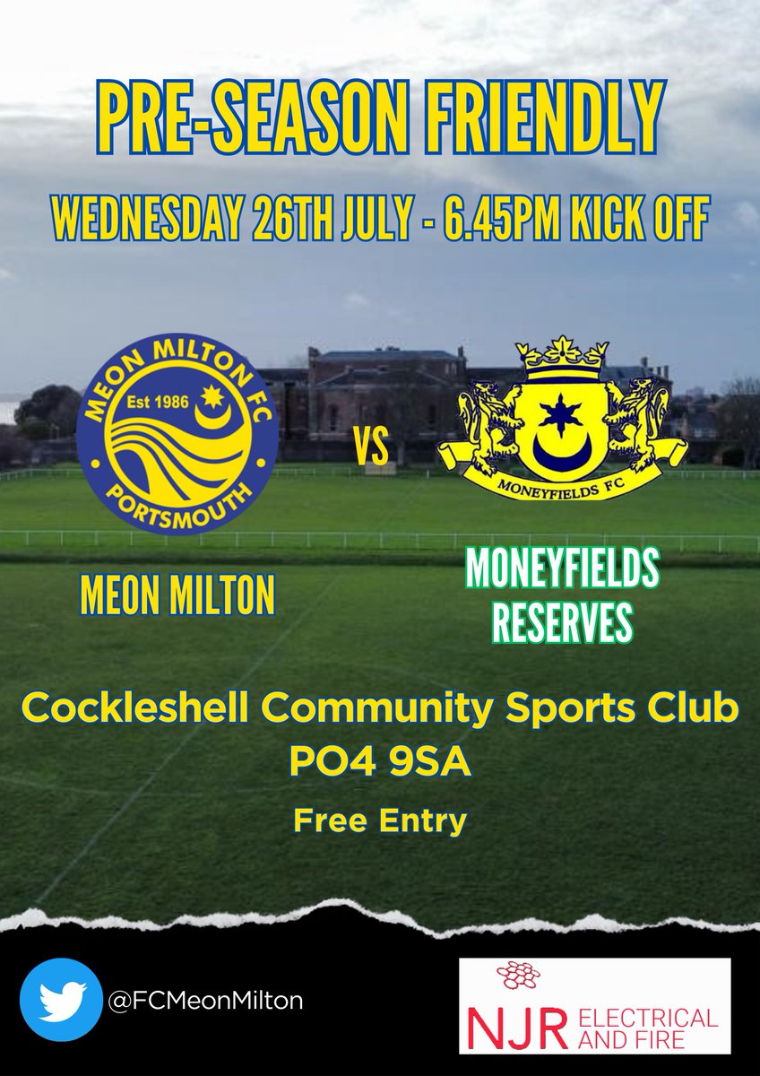 FCMeonMilton's tweet photo. Come show some support tomorrow evening when we welcome @MoneyfieldsRes to Cockleshell Sports Club for a pre-season friendly. Free entry and bar open! 💛💙 #UTM #meonmilton #moneyfieldsfc #supportlocalfootball #hampshireleague #portsmouthnews https://t.co/1To8xF2XRJ