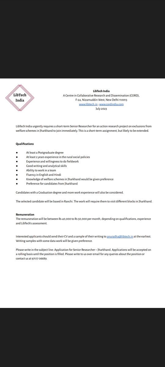 LibtechIndia's tweet photo. LibTech is hiring urgently! We're looking for a Researcher for an Action Research project based in Jharkhand. Please spread the word! @rajendran_naray @samalochana @laavanyatamang @NREGA_Sangharsh @napmindia https://t.co/jObqvctRJq