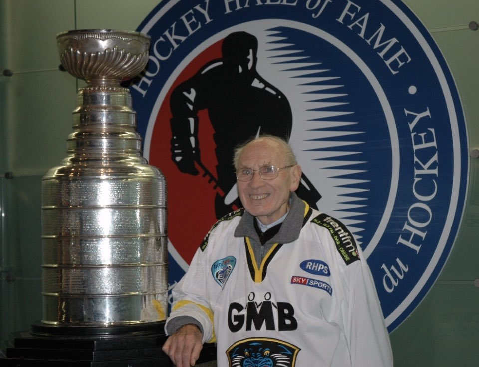 Mpclay66's tweet photo. I’m heartbroken my Dad Peter Clay as passed away at age of 95, lifelong @PanthersIHC fan since there formation in the 1940s , Gold season tk holder block 5 until recent yrs but still attended games regularly 🖤💛 miss you Dad https://t.co/pZRD1dWty0