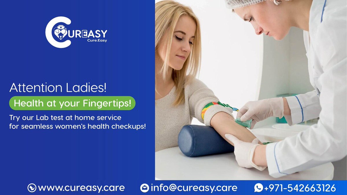 cureasy's tweet image. Say goodbye to health worries, ladies!  Cureasy Healthcare's Lab test at home service has got your back! Friendly staff, accurate results – all in the comfort of your home!  Get in touch: +971542663126 📧 info@cureasy.care #LabtestAtHome #WomensHealth #CureasyHealthcare