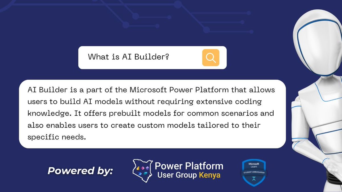 PowerplatformKe's tweet image. &quot;AI AI AI AI AI AI.... 🤯&quot; ~ The new talk in town...

Our focus on the Microsoft Learn #AI Skills Challenge has been on #AIBuilder. Get to know and learn what AI Builder is all about.

Here is our understanding of what AI Builder is.... 
#powerplatform @MSPowerPlat