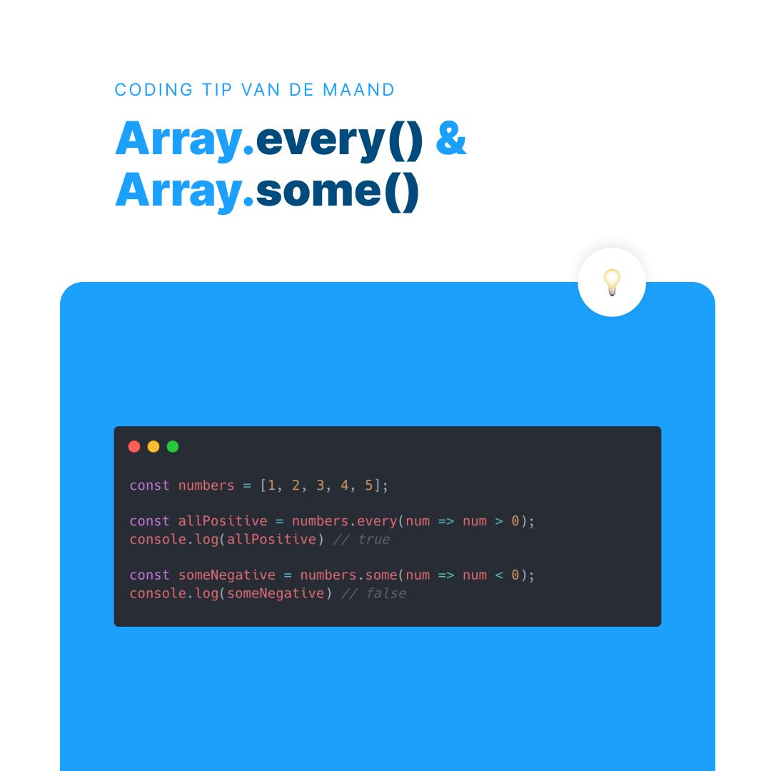 👨‍💻 Coding tip van de maand

Array.every() en Array.some() zijn handige array methoden in JavaScript die gebruikt worden om te controleren of de elementen aan bepaalde voorwaarden voldoen.

#frontend #javascript #tip