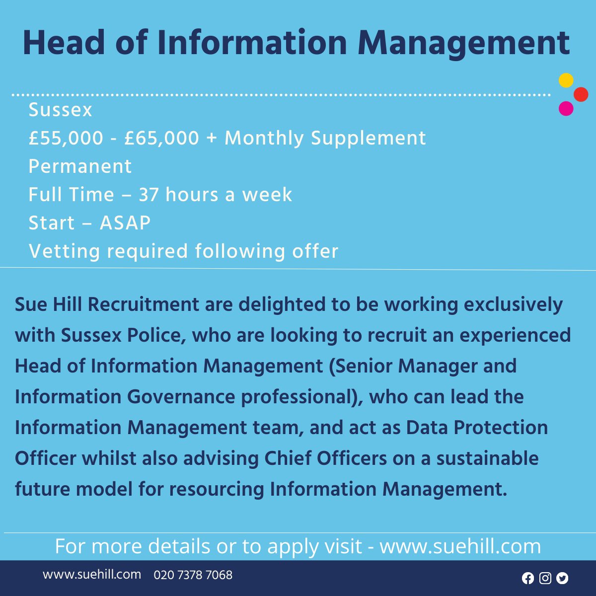 SueHillRec's tweet photo. New Job Opportunity
Head of Information Management - permanent, Sussex, salary range £55,000 - £65,000
For more details or to apply, you can see the full job post here -  https://t.co/bxEg5Eoho2
#InfoPros #Infromationjobs #Sussex #PermanentJob https://t.co/RoW5sBADFd