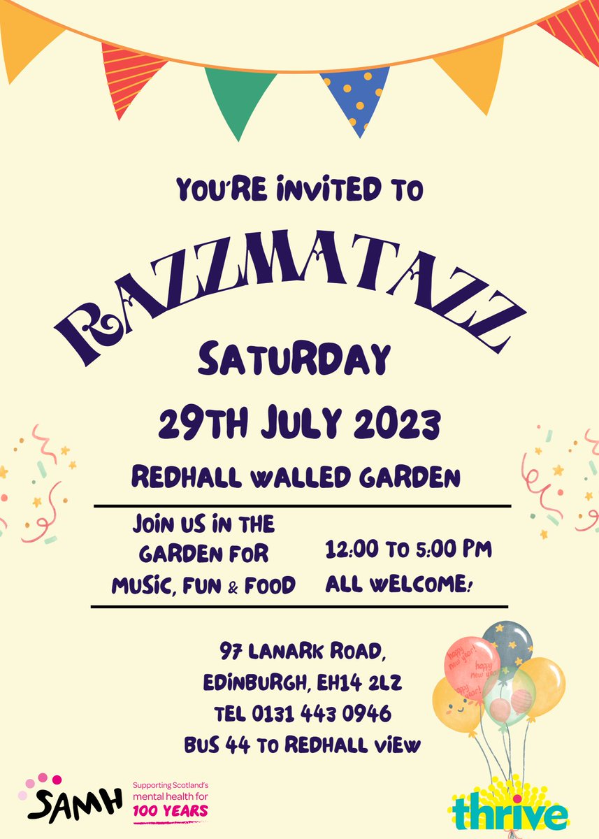 SAMHtweets's tweet photo. Looking for something to do with the kids this weekend? 

Our Redhall team in Edinburgh are hosting Razzmatazz: a family-friendly fun day in our gorgeous therapeutic garden. Join us for music, food and garden games! 🥳 https://t.co/nITCs7290n