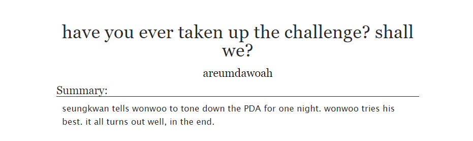 pinoysvtficfest's tweet photo. [ao3] have you ever taken up the challenge? shall we? by areumdawoah
↳ seungkwan/wonwoo
↳ mature, 2k words, English
↳ https://t.co/Q9YiK07Ucu https://t.co/KtxMh2UtCq