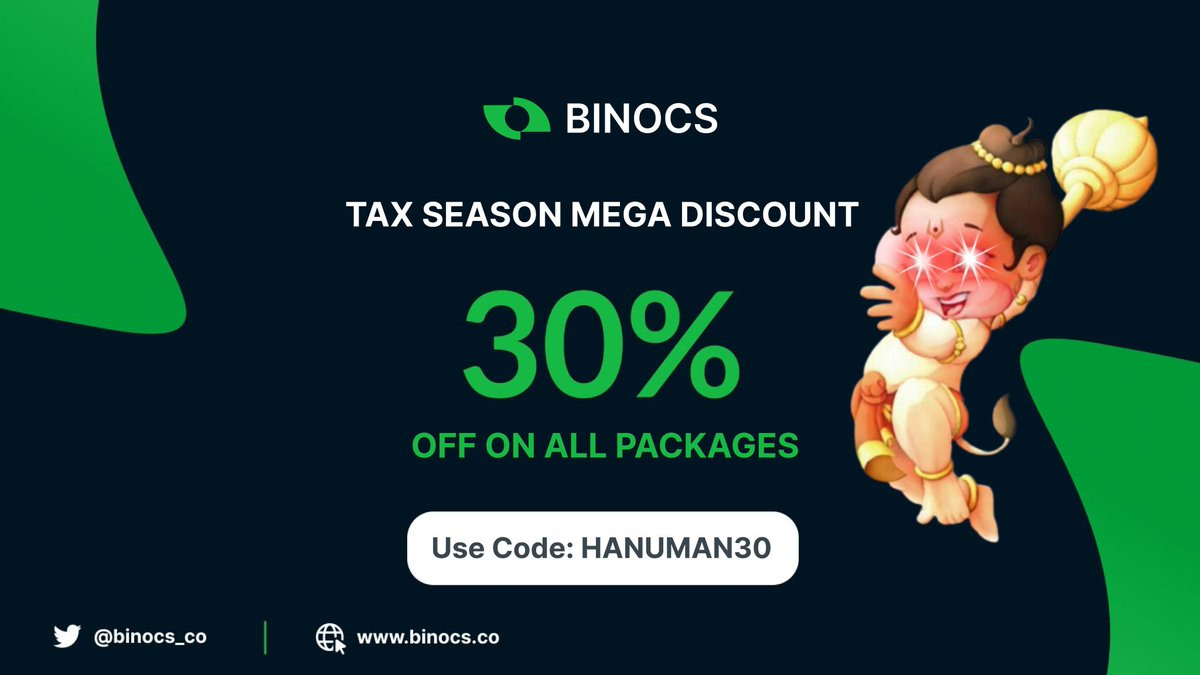 crypto_hanuman's tweet photo. Nirmala Tai: 30% Flat Tax on Crypto Profits
Binocs: 30% Flat Discount on All Packages
Head to https://t.co/Q4shxHRwOU now and use code HANUMAN30 to enjoy FLAT 30% OFF on all Binocs Packages!
#CryptoTaxWithCryptoHanuman @binocs_co https://t.co/jpK47TH85X