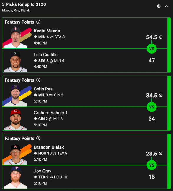 rondoughDFS's tweet photo. Printing on Underdog Fantasy with their Rivals format 🐶💰
Maeda ✅
Rea ✅
Bielak ✅
#Underdog #UnderdogFantasy #UnderdogPickem #PlayerProps #FantasyProps #DFS #DailyFantasySports #MLB #GamblingTwitter #SportsBetting https://t.co/e0fMxCFRSl