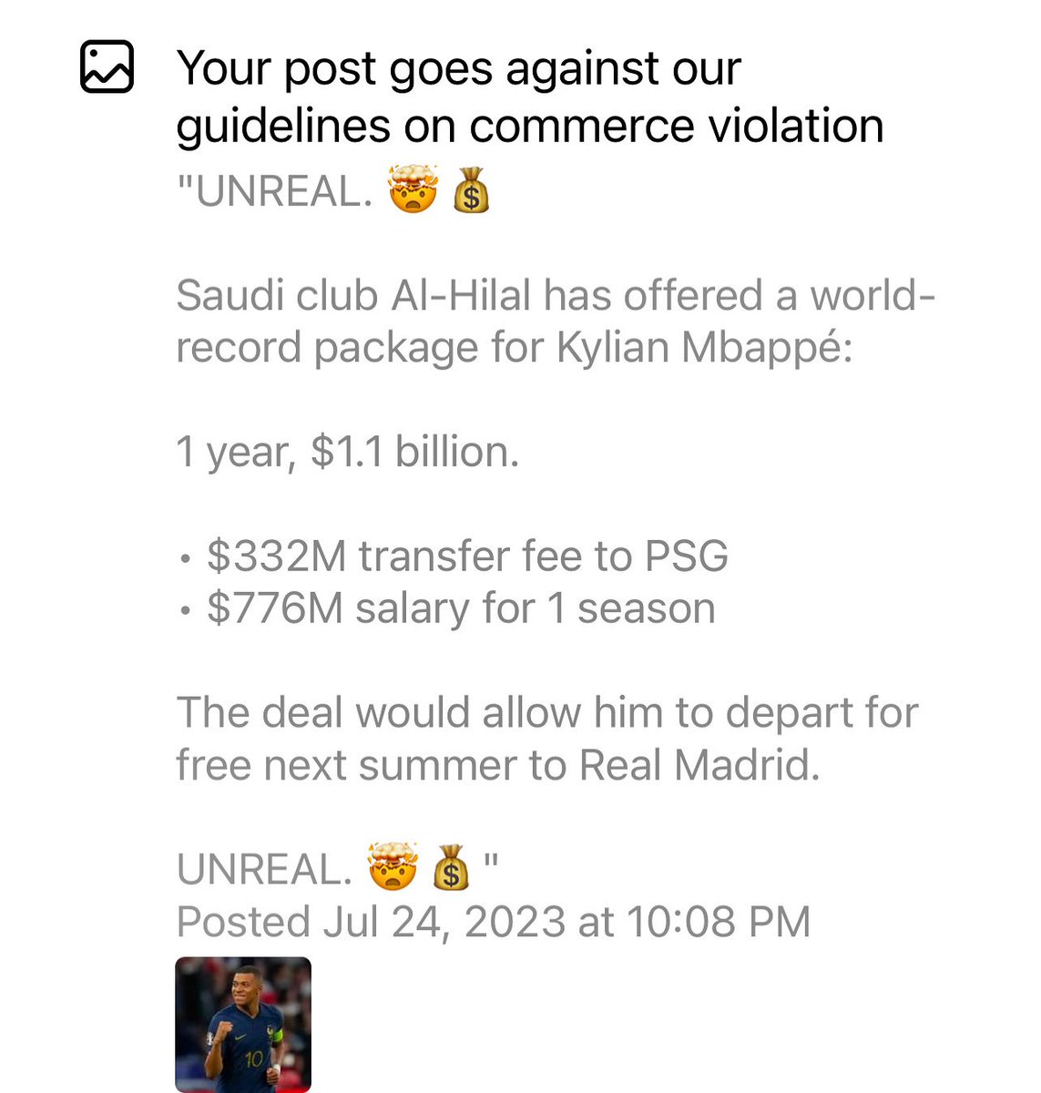 Mikeluna_'s tweet photo. I don’t know why my post was REMOVED from IG &amp; Facebook 🤷🏻‍♂️ #Mbappe #Saudi #soccer #SoccerChampionsTour #RealMadrid https://t.co/WztbTCPc0D