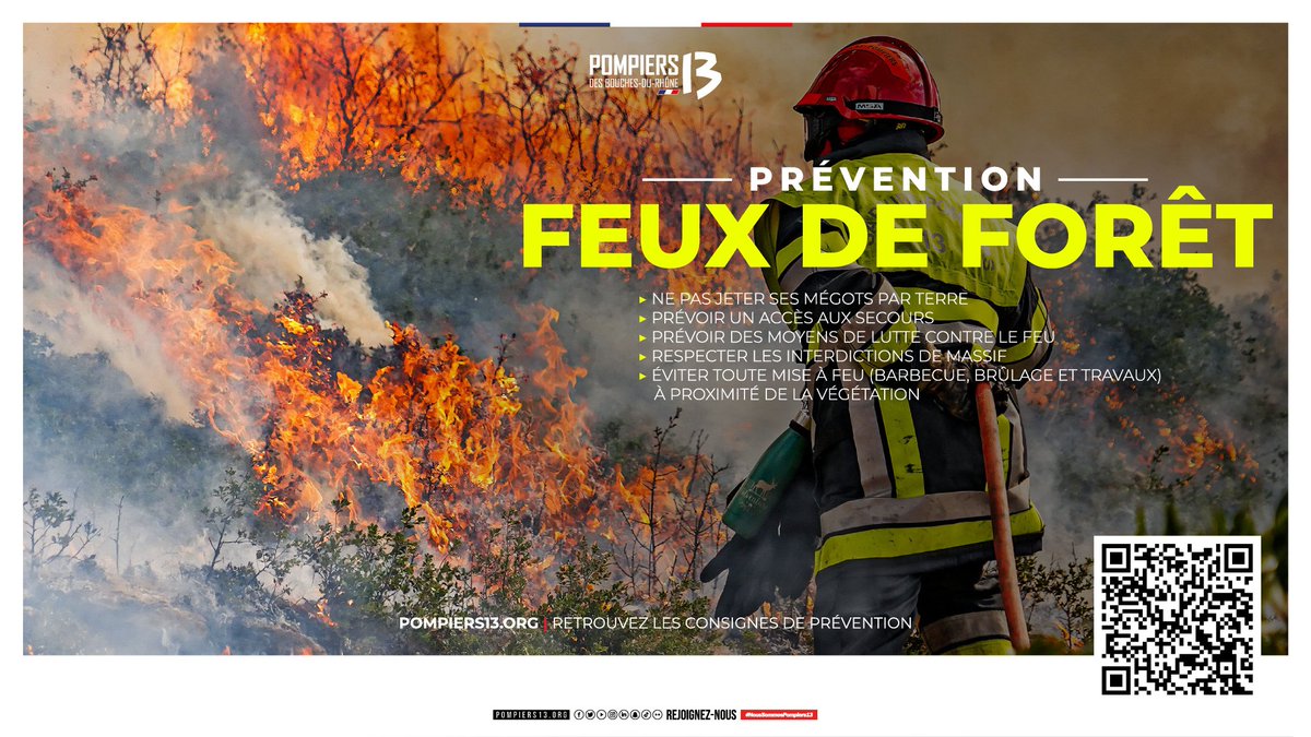 [#Prévention]

Le risque incendie est très élevé ce jour dans le <a href="/departement13/">Département des Bouches-du-Rhône</a>.

Les #Pompiers13 vous appellent à la plus grande prudence ⚠️ : 

Pas d'emploi du 🔥
Pas de jet de 🚬
Respect des interdictions d'accès aux massifs 🌳
112 si urgence 📱

✅ merci de RT ce message 🙏.