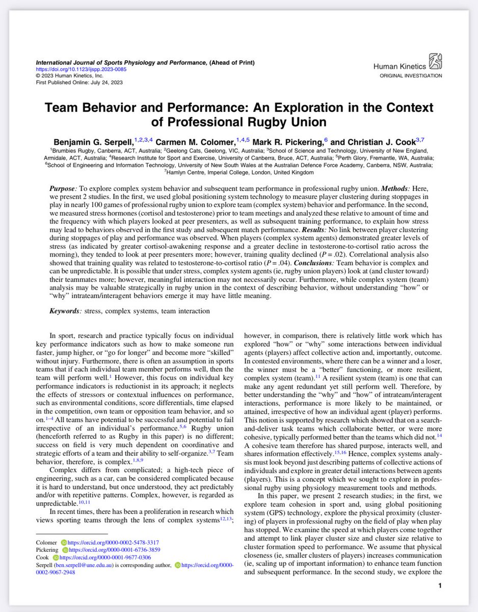 Athlete hormonal (stress) response and associated team behaviour.

Can measuring stress hormones explain how and why intrateam/interagent behaviours emerge?

journals.humankinetics.com/view/journals/…