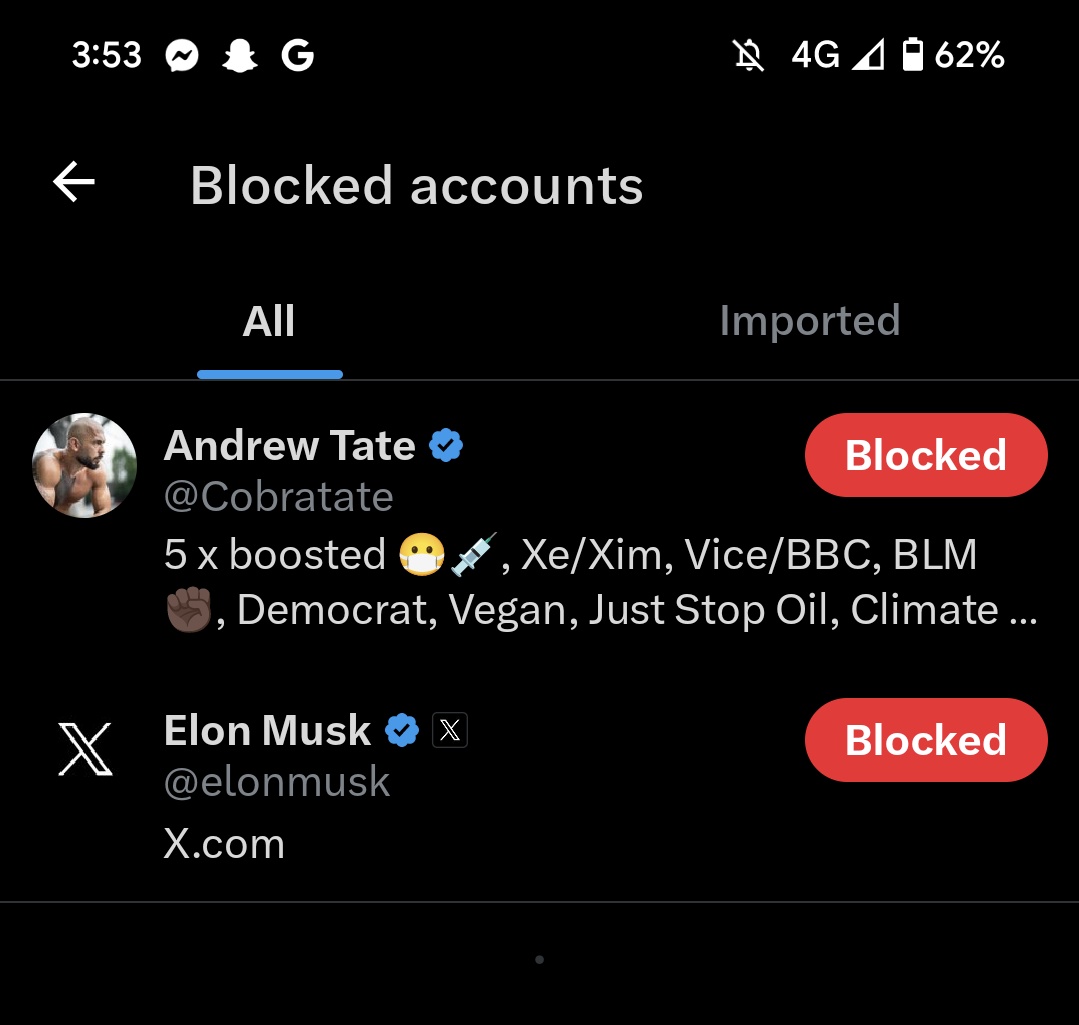 This website is actually somewhat bearable when your block list looks like this, been living my life in absolute peace for the last few months not having these nerds pushed to the top of my feed
