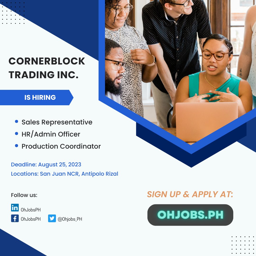 !URGENT HIRING!  CORNERBLOCK TRADING INC. is looking for:

* (1) SALES REP.
* (1) HR/ADMIN OFFICER
* (1) PRODUCTION COORDINATOR

Apply at:

https://t.co/YCeO6RzYTt
https://t.co/NcNZNW3DWn

Follow us:

https://t.co/VcaocKvi8a
https://t.co/r4pGmBR0tX

#jobs #PhilippineJobs https://t.co/R3sPhoK4IU