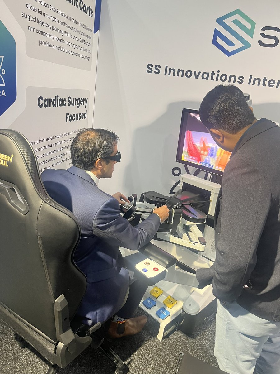 Satish warrier trying out the mantra @SSINNOVATIONS_  robot @socroboticsurg #srs2023…. So many exciting robots 🤖🤖🤖 … looking forward to a future with a robot in every operating room! @IMRASurgical