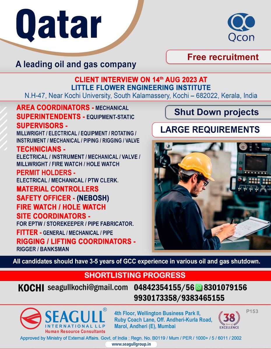 hrd1_seagull's tweet photo. QATAR JOBS- FREE RECRUITMENT
SHUT DOWN PROJECT
LARGE REQUIREMENTS
SHORTLISTIG IN PROGRESS
CLIENT INTERVIEW ON 14th AUGUST 2023
.
.
.
#qatarjobs #kochijobs #areacoordinators #supervisors #technicians #permitholders #materialcontrollers #sitecoordinators #rigging https://t.co/E5xrShyLOH