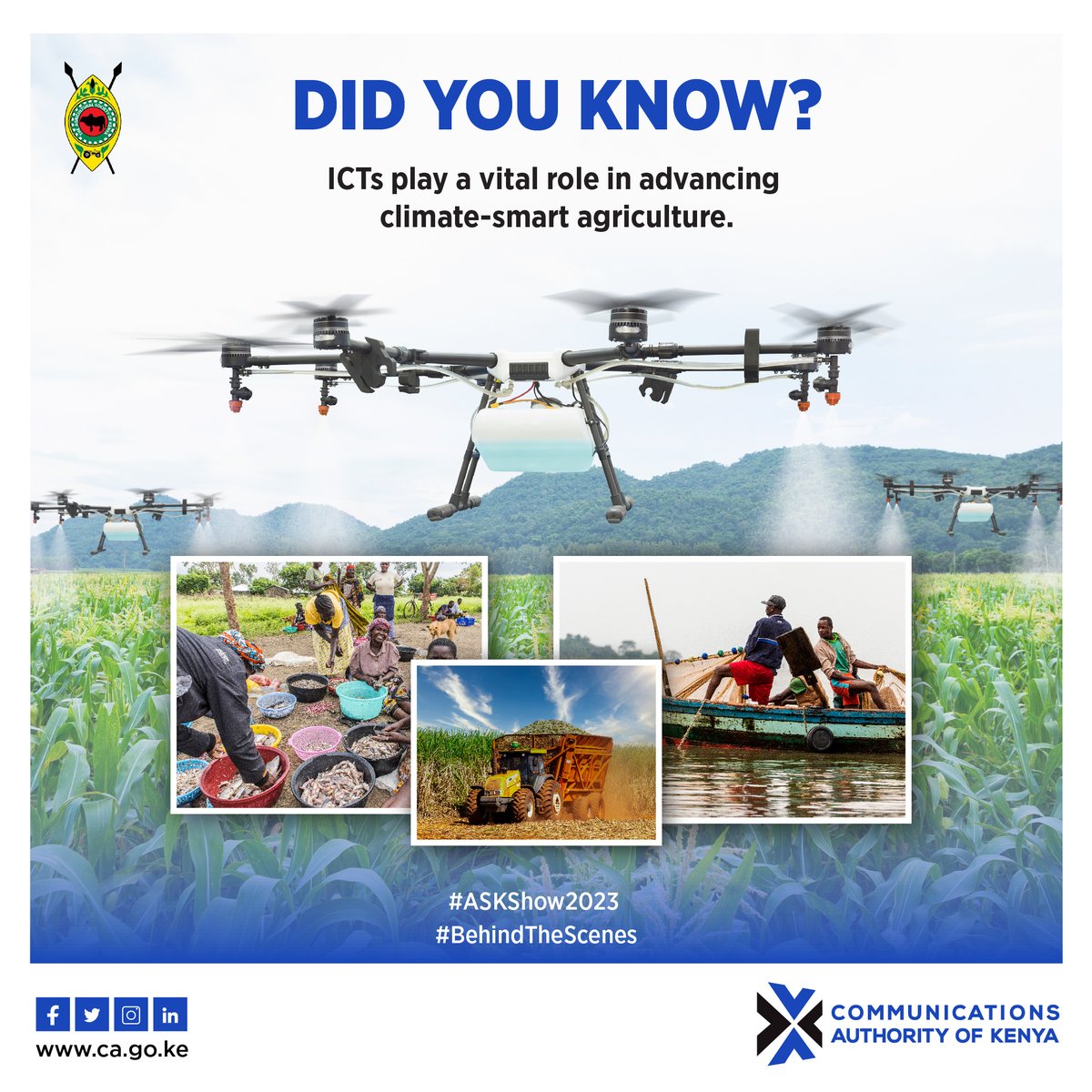 CA_Kenya's tweet photo. Did you know? ICTs play a vital role in advancing climate-smart agriculture. Digital technologies and e-agriculture solutions are empowering farmers and promoting sustainable practices. Discover more at the Kisumu Regional Show. Don't miss it! #CAatKisumuShow #ASKShow2023 https://t.co/tor58GKtRk