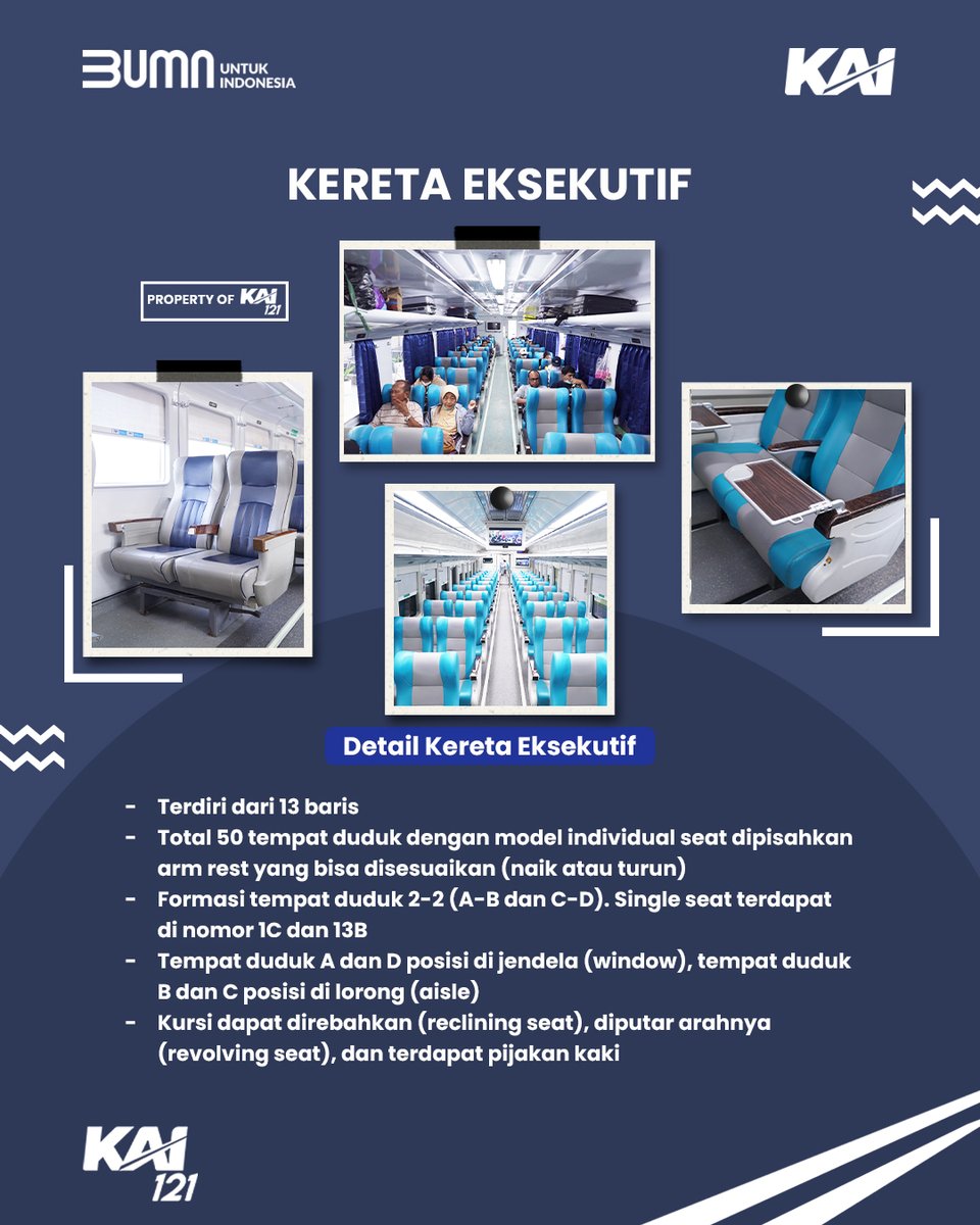 KAI121's tweet photo. Selamat siang Kak. Pada KA Dharmawangsa tersedia kelas Eksekutif dan Ekonomi. Untuk kelas Eksekutif seluruh tempat duduknya menghadap searah perjalanan. Formasi tempat duduknya 2-2 (AB-CD). Jika KA Dharmawangsa kelas Ekonomi menggunakan rangkaian dengan formasi tempat duduk 3-2 (ABC-DE) saling berhadapan. Nomor tempat duduk yang berhadapan ganjil-genap ya Kak. Lalu, pada KA Gumarang tersedia kelas Eksekutif dan Bisnis. Untuk kelas Bisnis menggunakan formasi tempat duduk 2-2 (AB - CD) dengan kursi menghadap searah perjalanan serta bisa diatur saling berhadapan. Berikut Railmin lampirkan contoh kursinya ya Kak. Trims.
