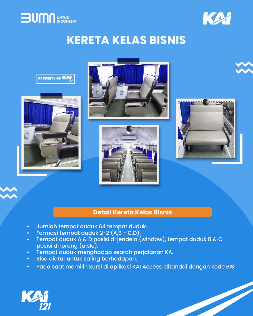 KAI121's tweet photo. Selamat siang Kak. Pada KA Dharmawangsa tersedia kelas Eksekutif dan Ekonomi. Untuk kelas Eksekutif seluruh tempat duduknya menghadap searah perjalanan. Formasi tempat duduknya 2-2 (AB-CD). Jika KA Dharmawangsa kelas Ekonomi menggunakan rangkaian dengan formasi tempat duduk 3-2 (ABC-DE) saling berhadapan. Nomor tempat duduk yang berhadapan ganjil-genap ya Kak. Lalu, pada KA Gumarang tersedia kelas Eksekutif dan Bisnis. Untuk kelas Bisnis menggunakan formasi tempat duduk 2-2 (AB - CD) dengan kursi menghadap searah perjalanan serta bisa diatur saling berhadapan. Berikut Railmin lampirkan contoh kursinya ya Kak. Trims.