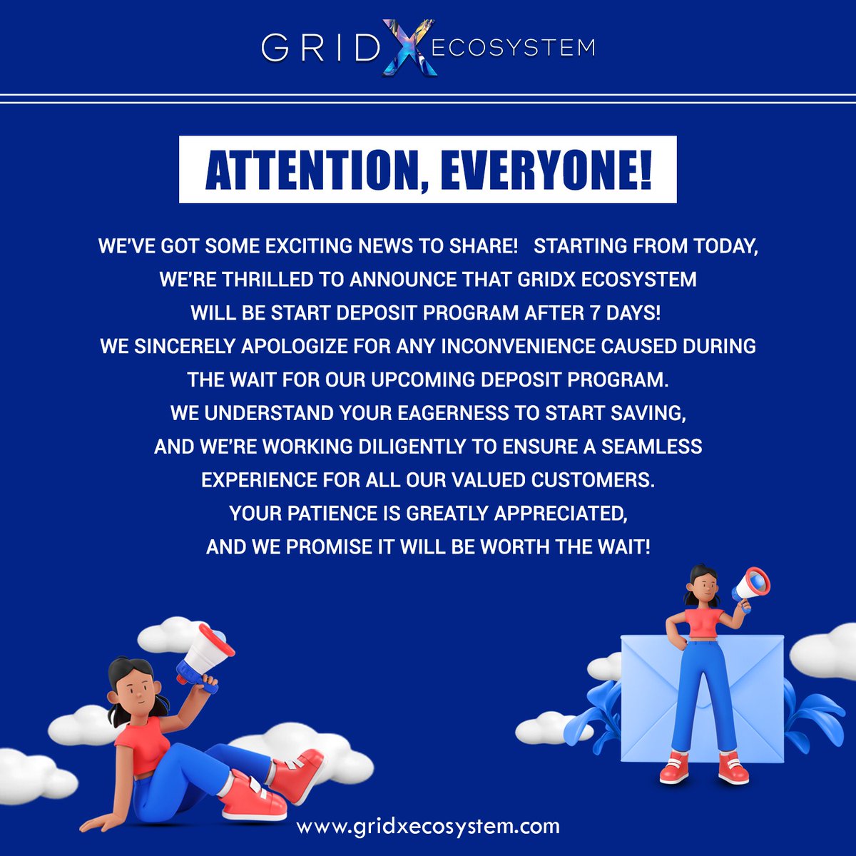 GridX Ecosystem is thrilled to announce our much-awaited START DEPOSIT PROGRAM! 🎉 After just 7 days, you can finally jump into the world of savings and financial growth with us! 
#GridXEcosystem #StartDepositProgram  #FinancialGrowth #SavingsOpportunity #Cryptocurrency