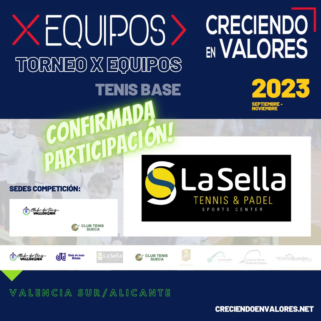 CreciendoenVal1's tweet photo. SEGUIMOS SUMANDO... 
Otro de los participantes que conformarán el torneo XEquipos @CreciendoenVal1 2023.   
Confirmada la participación del @LASELLATENNIS , que juzgará la fase previa de torneo en #Valencia Sur/Alicante . 

#Barcelona #Madrid #tenis #tenisbase #tenisxequipos https://t.co/GPpICyWIDU