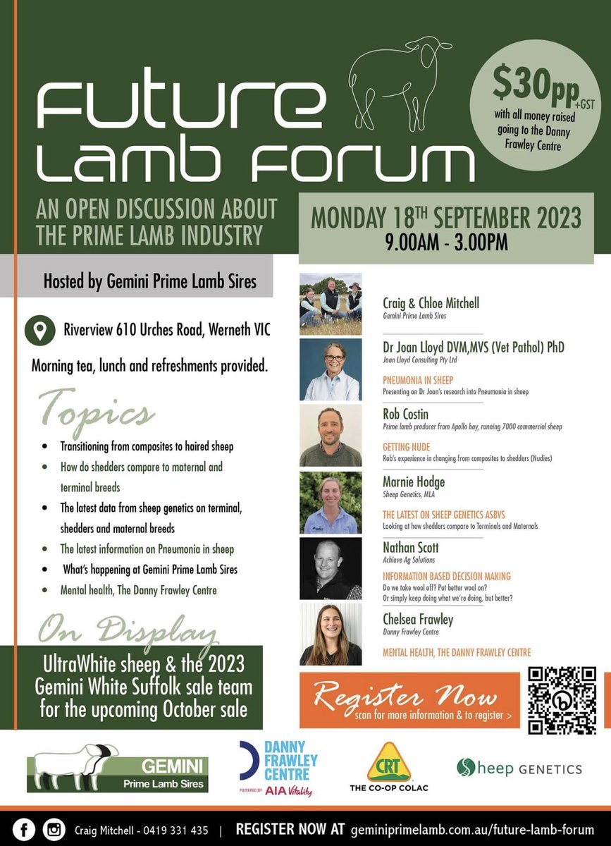 We are so excited to run our Future Lamb Forum for 2023. With a great line up of speakers its a great opportunity to hear from some of the best in the industry. With the added bonus of hearing from Chelsea Frawley from the Danny Frawley Centre.