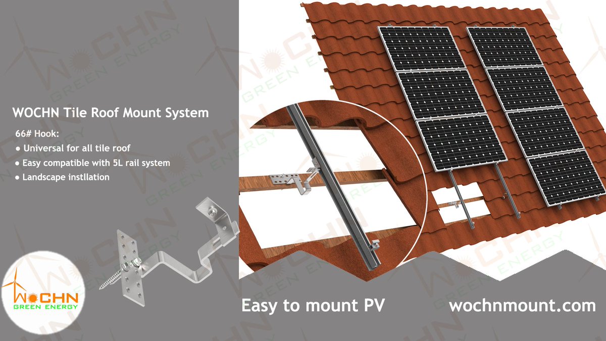 If you want to install solar energy on  tile roof
WOCHN 66# hook is a good choice 💯Easy to adjust solar rail system height. 185mm wider base,higher big wind and snow load abilit. 25 holes for easy to find the roof substructures location.#solar   wochnmounting.com