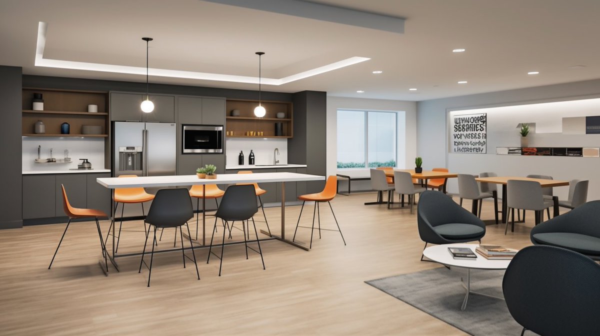 AdzeDesigns's tweet photo. Your cafeteria is more than a place to eat. It's a social hub that can foster connections across teams. #WorkplaceDesign #CafeteriaDesign #office #socialhub #interior https://t.co/RNNr8Gl895