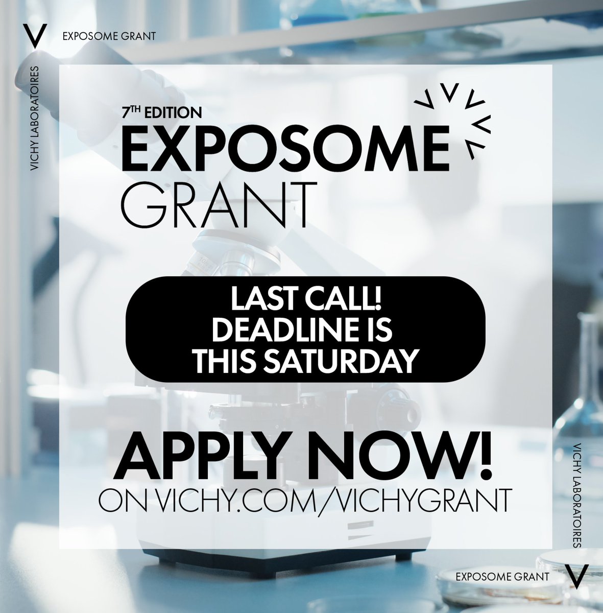VichyPro's tweet photo. This is your last chance to apply for the Vichy Exposome Grant!

Don't miss out on up to €15,000 in research grants or the €5,000 Vichy Exposome Publication Prize for your skin and scalp exposome research.

Apply now: https://t.co/8xbAqjFvXC! https://t.co/M2Sj0PFDMb