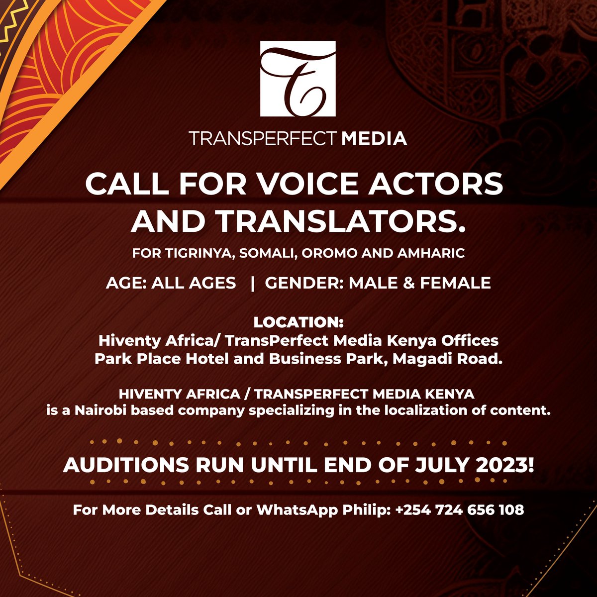 UsanifuNews's tweet photo. Transperfect Media is a film, TV and production company based in Nairobi Kenya. The company is looking for voice actors and translators and the auditions are happening at their offices at Park Place on Magadi Road and DEADLINE is 30th july 2023. 

Languages: Tgrinya, Somali, Oromo, Amharic, Luganda, Kenyan swahili and TZ Swahili.

@TransPerfect 
@WeAreTPMedia