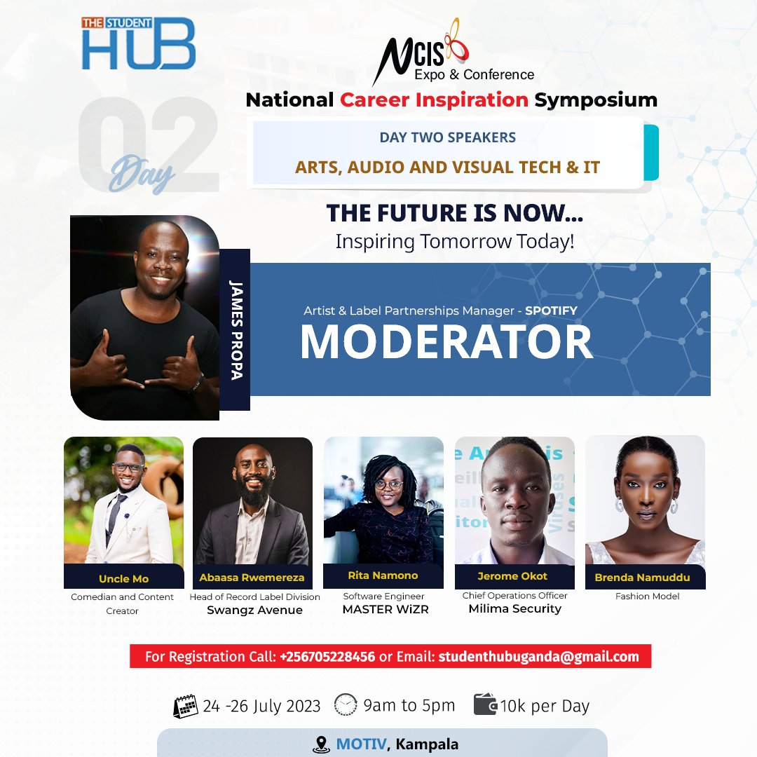 TheStudenthubUg's tweet photo. Here are our speakers for day two at The National Career Inspiration Symposium 2023!
#TheFutureIsNow #expo2023 
@AbaasaR  @mkiboneka @ritanamono @jamespropa @Swangz_Avenue https://t.co/TXfelMDOYK