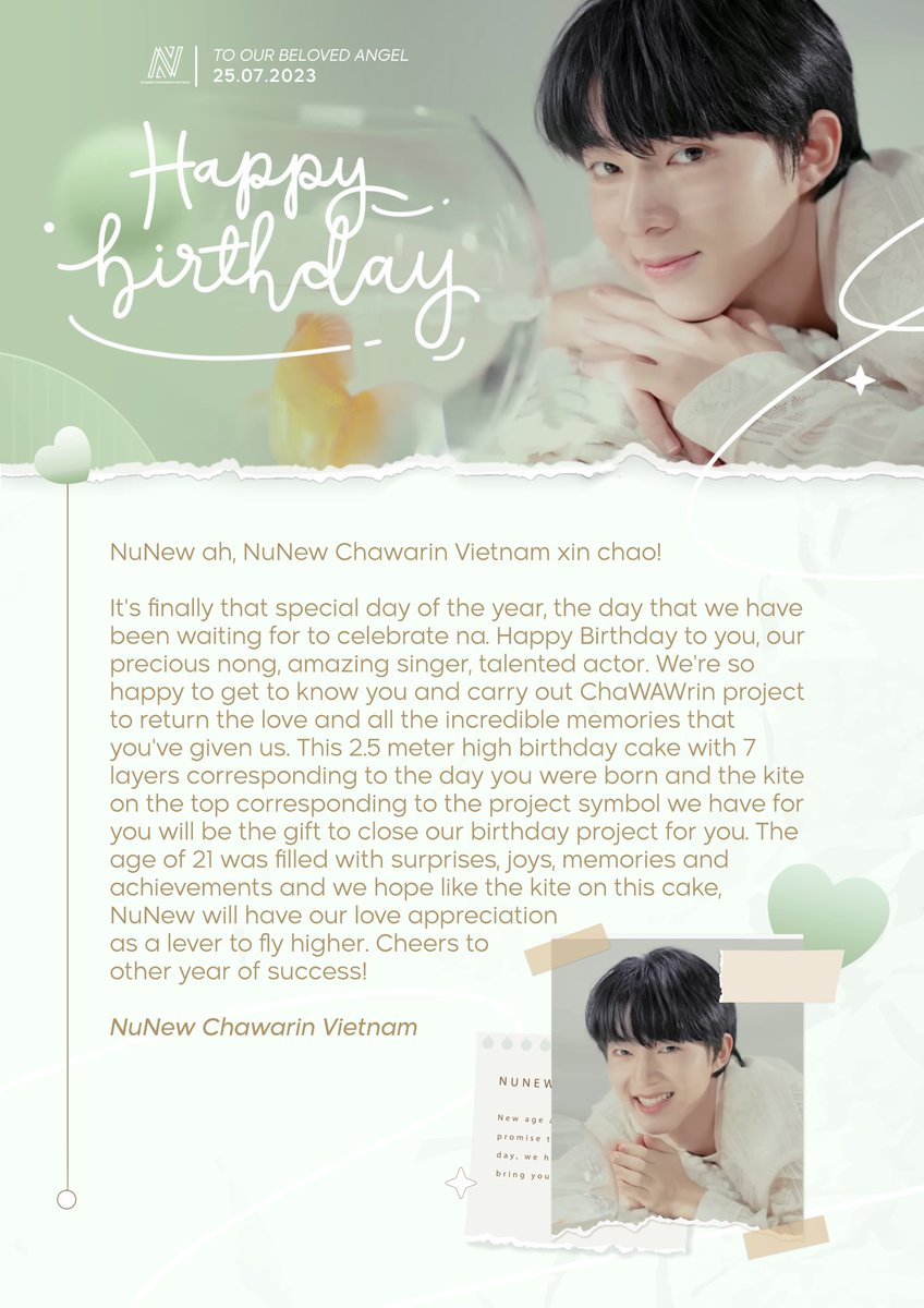 NuNewCwrVN's tweet photo. NuNew ah, NuNew Chawarin Vietnam xin chao!
It's finally that special day of the year, the day that we have been waiting for to celebrate na. Happy Birthday to you, our precious nong, amazing singer, talented actor.
#HBD22ndNuNew
#chaWAWrinproject
#NuNew @CwrNew https://t.co/cWDs6AVbop