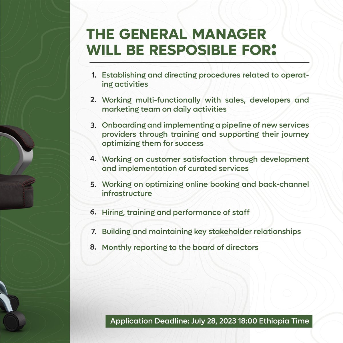 Triopia is looking to hire a startup General Manager. For more detailed information check the link below
Good luck!  

drive.google.com/file/d/1--ucpS…

#travelethiopia #hiring #ethiopia #addisababa #generalmanager #openforhire #triopia #startup