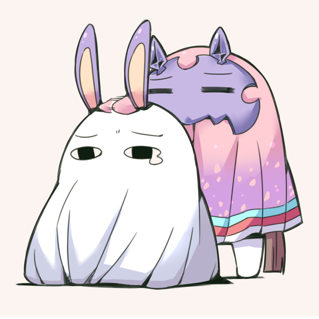 medjed (fate) ,nitocris (fate) ,nitocris (swimsuit assassin) (fate) animal ears jackal ears multiple girls <o> <o> tail simple background cosplay  illustration images