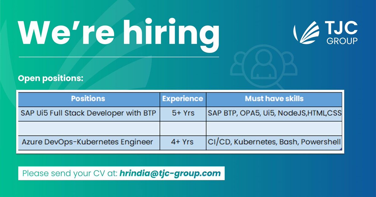 TJC Group is #hiringimmediately 

#devopsengineer #sapbusinesstechnologyplatform #ui5 #kubernetes #punejobs #immediatejoiners.