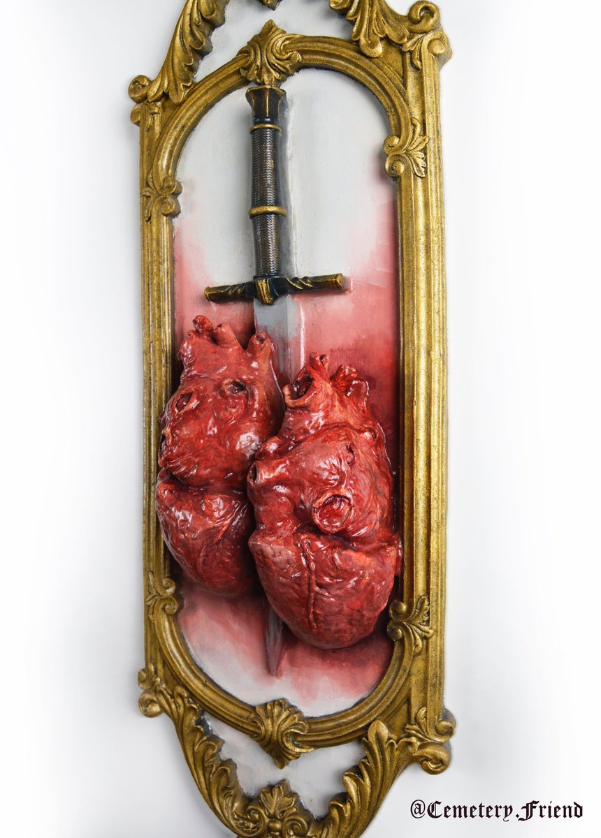 JoshWrightart's tweet photo. ‘Our Bleeding Hearts’ by Cemetery Friend. Available in a hand painted color or onyx black variant, which do you prefer? 
.
.
.
.
.
.
#art #classicalart #darkart #dark #sinister #macabreart #macabre #monsterclay #odditiesandcuriosities #oddities #darksurrealism  #horror https://t.co/WX4xJfa1tI
