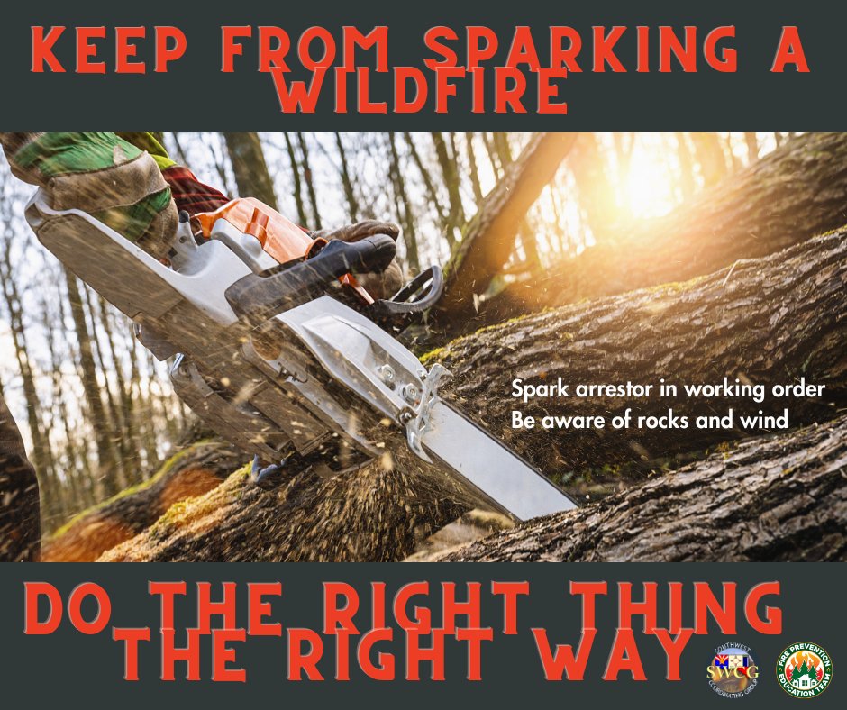 Using a chainsaw to gather firewood? Remember, 🪵Check current restrictions 💥Working spark arrestor is required on public lands 🪨Be aware of rocks 🚫Windy days Visit wildlandfire.az.gov & nmfireinfo.com for restrictions #OneLessSpark #FirePrevention #FireYear2023