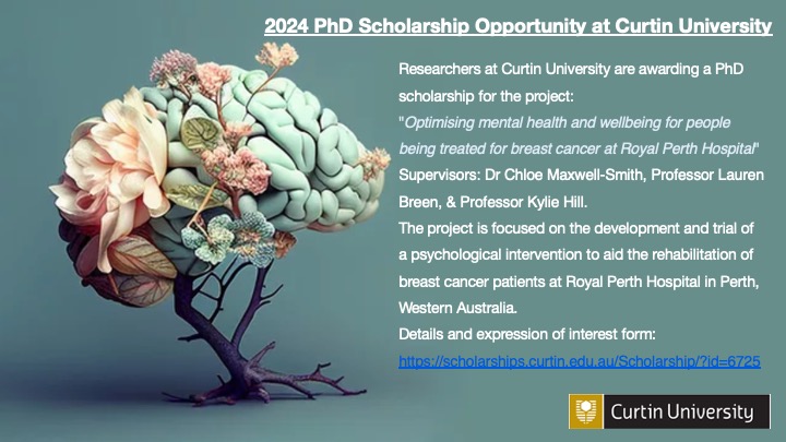 drlaurenjbreen's tweet photo. Join us by doing your #PhD on mental health and wellbeing for people with breast cancer, supervised by Chloe Maxwell-Smith, Kylie Hill, and me @CurtinUni @CPsychResearch @CurtinAlliedHth 

Scholarship info here:  https://t.co/kXoTidZVev https://t.co/NG9tLJ4sjv