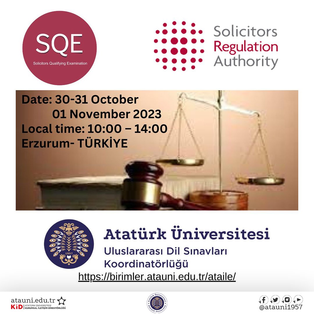 ✅ SQE (Solicitors Qualifying Examination)

📆 Date: 30-31 October-1 November
🕑Local Time: 10.00-14.00
📌Erzurum-Türkiye

🔵 Ayrıntılı bilgi ve başvuru için: ⤵️
👉 birimler.atauni.edu.tr/ataile

@ataile1957 #Mart #Erzurum #AtatürkÜniversitesi #BirÜniversitedenDahaFazlası