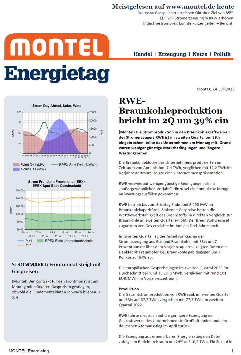 montelnews_DE's tweet image. Aktuell im #MontelEnergietag: RWE-Braunkohleproduktion bricht im 2Q um 39% ein