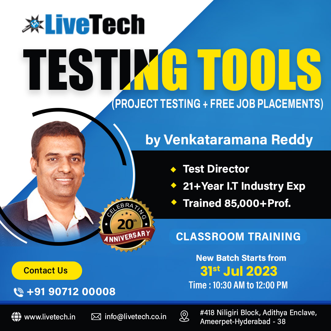 LiveTechTesting's tweet image. Welcome to the new batch for testing tools! In this course, you will learn about various testing tools used in Software Testing and quality assurance.
New Batch: 31-July-2023, Monday
Timings: 10:30 AM to 12:00 PM
Please visit our website :livetech.in