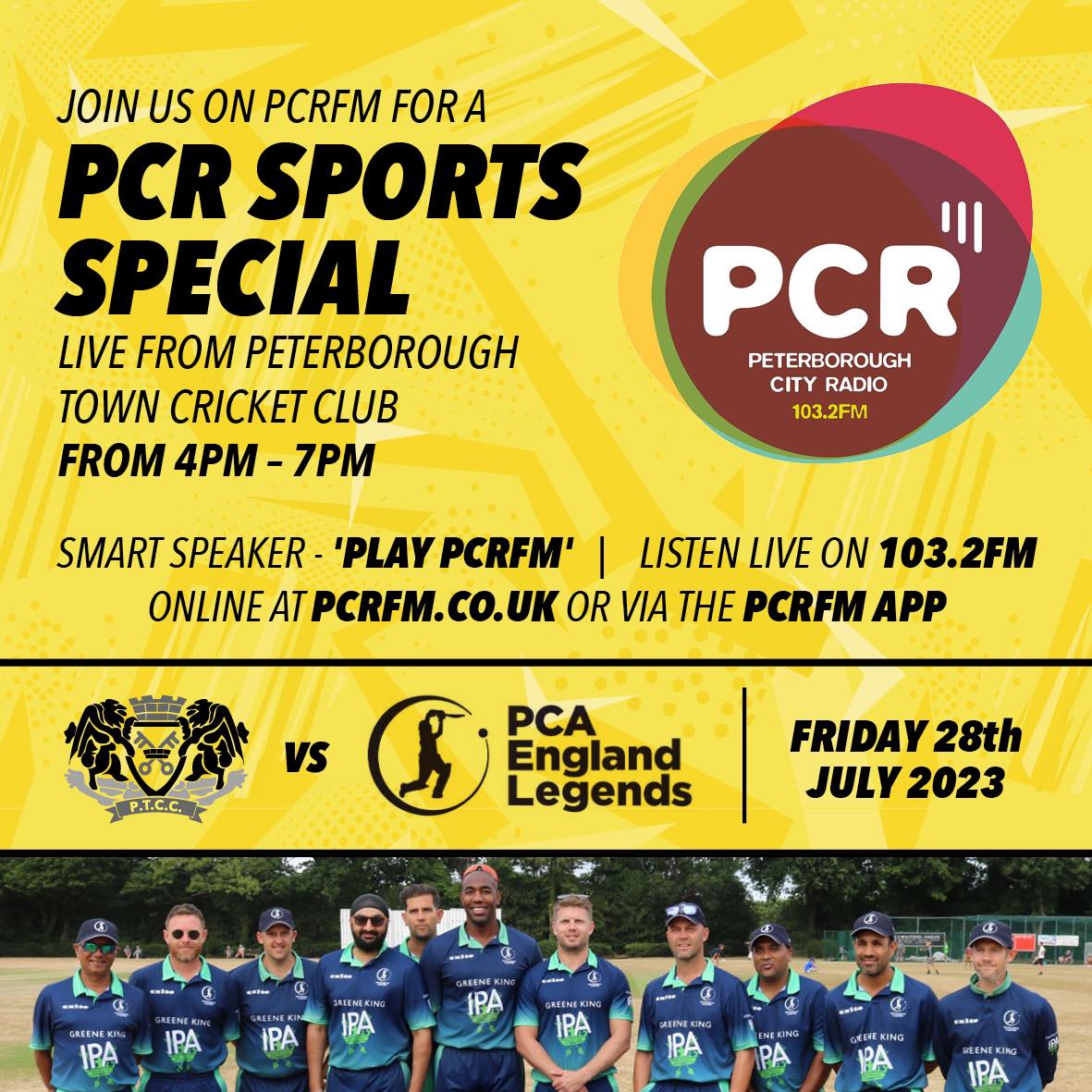 SportsPcr's tweet photo. Join us for a PCR Sports Special this Friday at 4pm...

🏏 LIVE from Peterborough Town Cricket Club as they take on a @PCA England Legends XI in a T20 cricket match.
➡️ Raising funds for @GOSHCharity 

📻:103.2FM
Smart Speaker:'Play PCRFM'
Listen Live:https://t.co/uIxJu5wrHj https://t.co/lpfizgRZBc