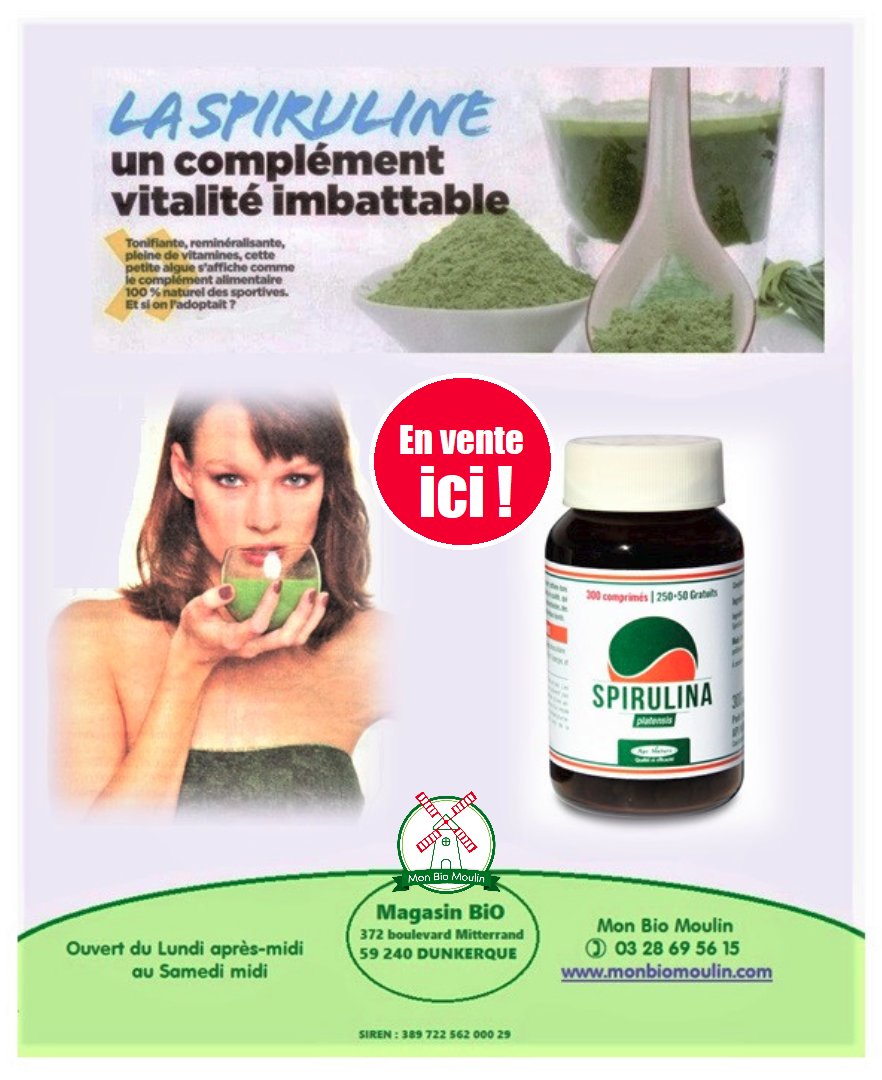 MonBioMoulin's tweet image. #Spiruline #algue #vitamines #aminés #protéines #minceur #sport #Spirulina #zinc #fer #magnésium
#MonBioMoulin #herboristerie #magasinbio #Plante #phytothérapie #Diététique #dunkerque #Malolesbains #Rosendael #Leffrinckoucke #MagasinBioDunkerque #GrandeSynthe #PetiteSynthe