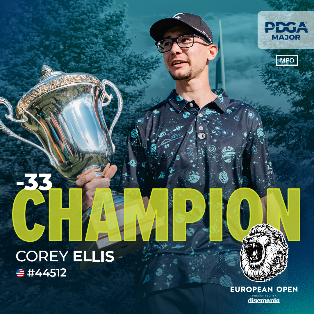 PDGA's tweet photo. Dominance &amp; Persistence: Congratulations again to the 2023 European Open Champions — Kristin Tattar &amp; Corey Ellis! 🏆

#EuropeanOpen #PDGAMajor #discgolf https://t.co/pPVLFAXNVd