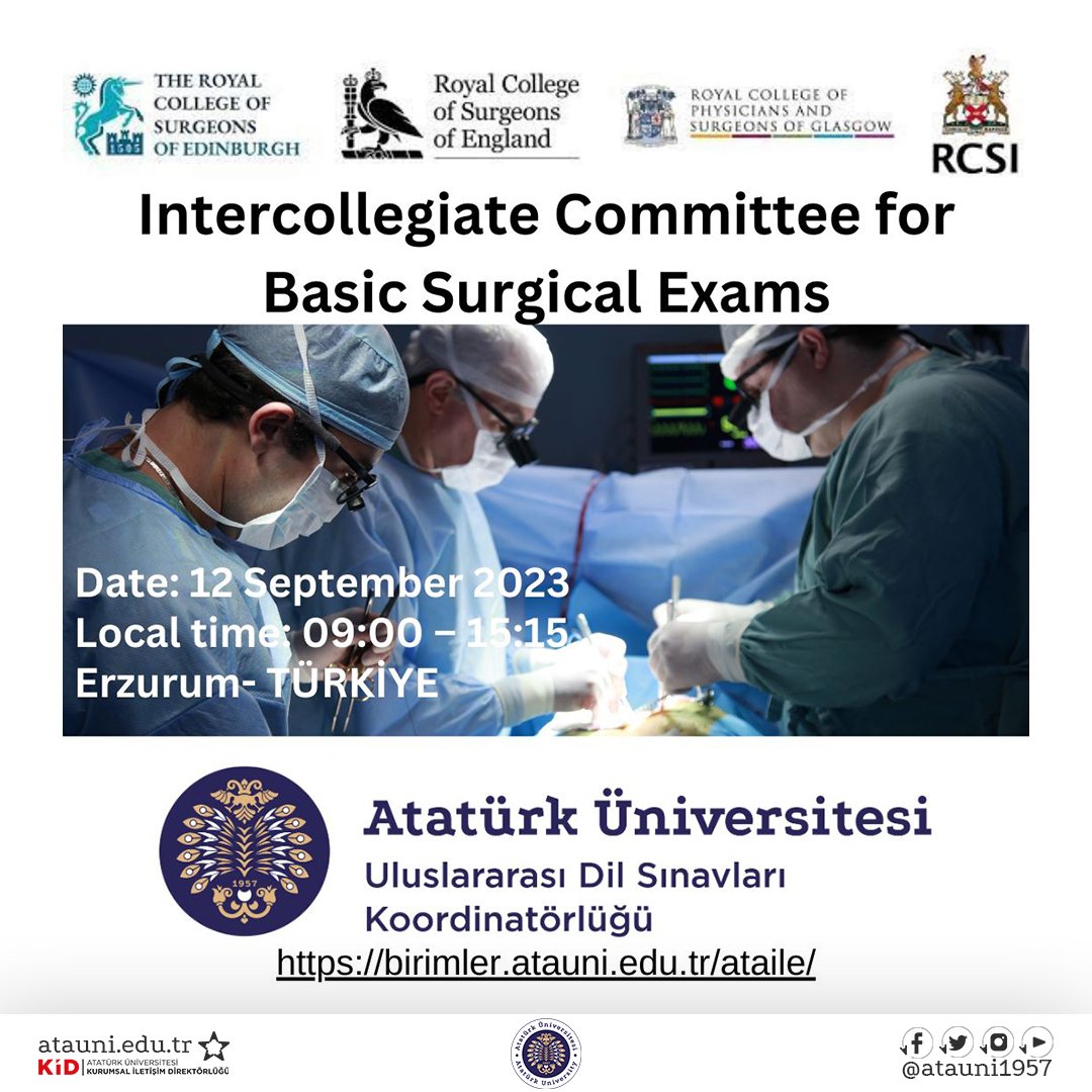 ✅ Intercollegiate Committee for Basic Surgical Exams

📆 Date: 12 September 2023
🕑Local Time: 09.00-15.15
📌Erzurum-Türkiye

🔵 Ayrıntılı bilgi ve başvuru için: ⤵️ 
👉 birimler.atauni.edu.tr/ataile

@ataile1957 #Mart #Erzurum #AtatürkÜniversitesi #BirÜniversitedenDahaFazlası