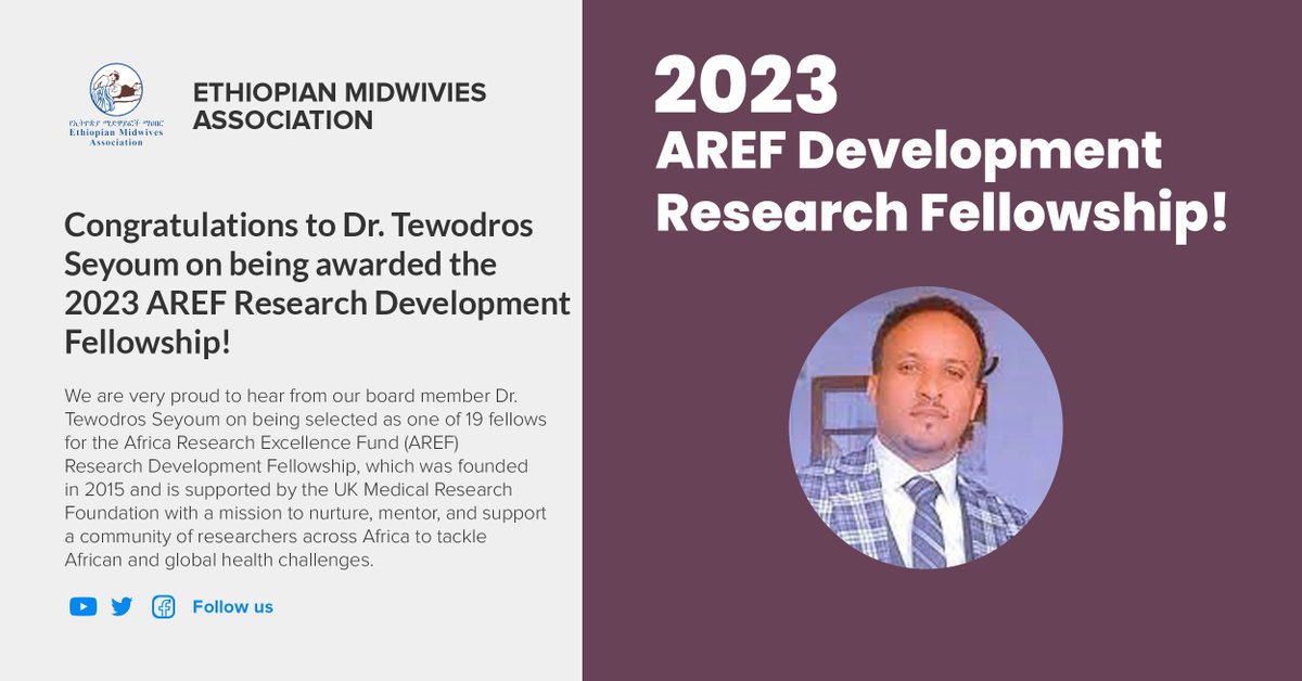 emwaethiopia's tweet photo. Congratulations to Dr. Tewodros Seyoum on being awarded the 2023 AREF Research Development Fellowship!

#AREF #DevelopmentResearchFellowship #Ethiopia #MaternalandChildHealth https://t.co/xhIgExvJad