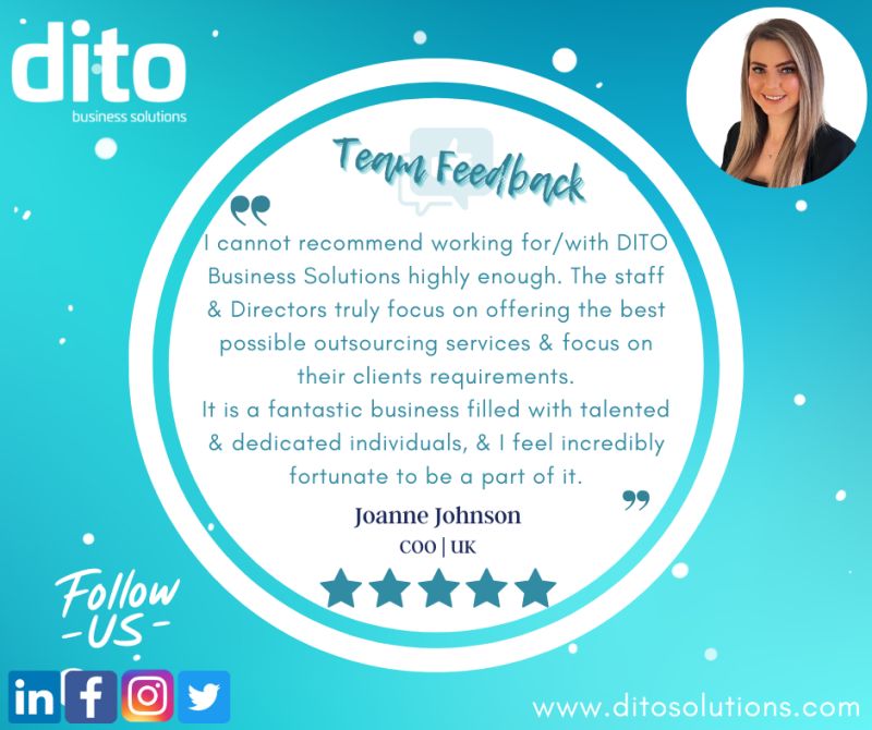 DITO_Solutions's tweet photo. It's #TestimonialTuesday, and this week, we are bringing more team feedback as we hear from our COO, Joanne Johnson! 💬

Hearing feedback like this from our team and from our clients is what drives us forward!

#Testimonial #Feedback #Outsourcing https://t.co/Qijz00R6UX