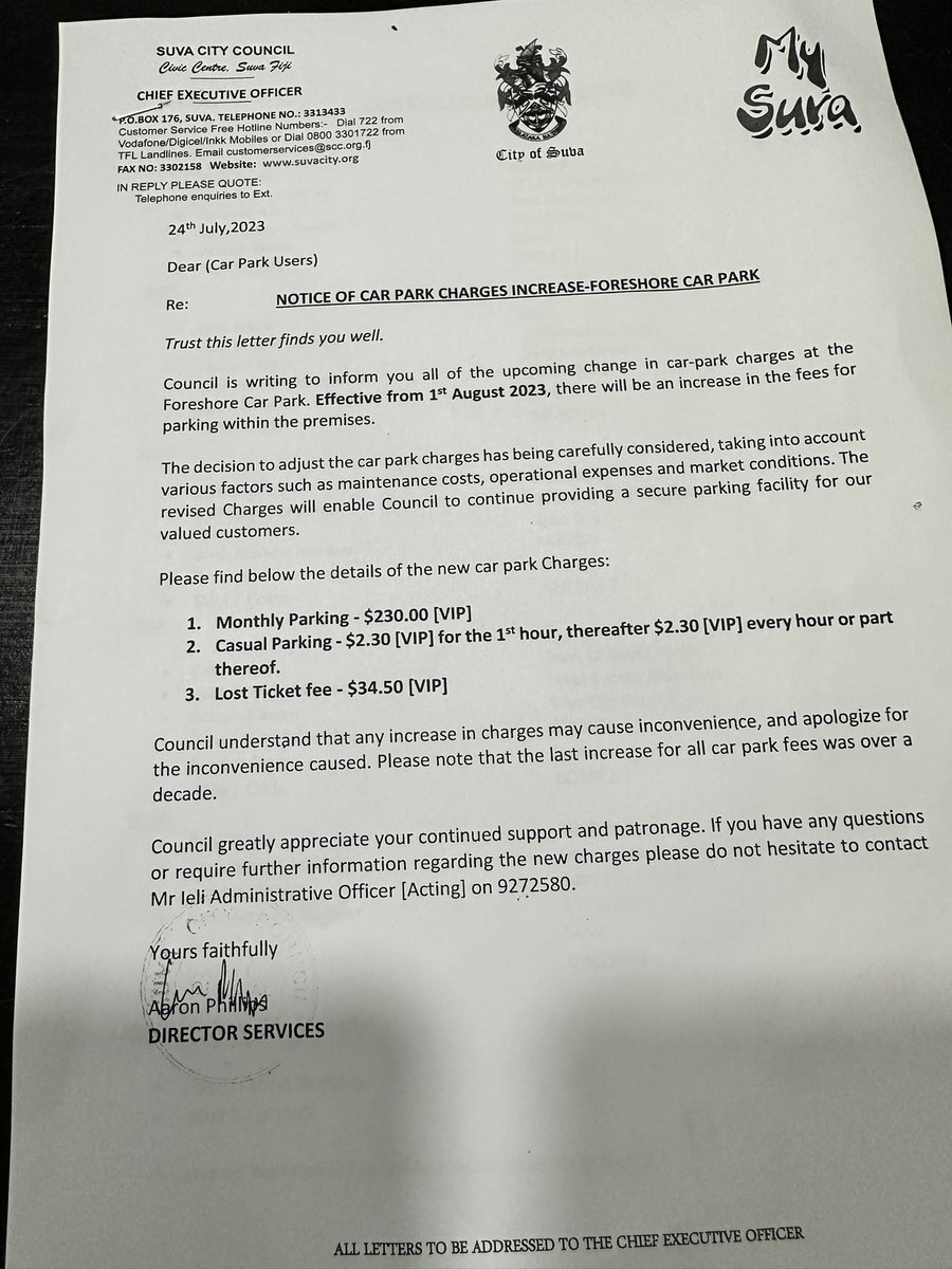 KaranShelvin's tweet photo. In a bizarre and tone deaf move the Suva City Council is planning to increase monthly car park fees from  $37 to $230, a more than 6 fold increase. They have sneaked this in 5 days before it becomes effective and held no consultation what so ever on the matter. https://t.co/AdpfagQ4Wx